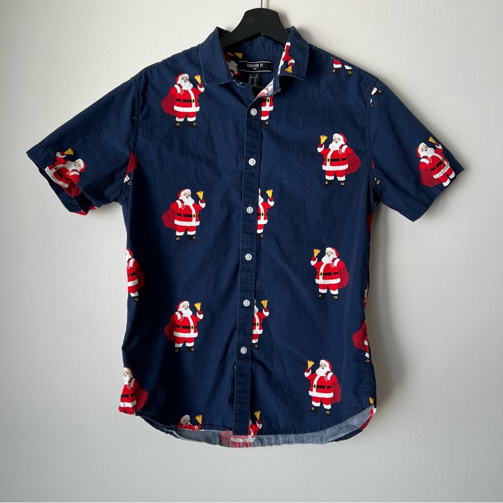 Forever 21 Men Santa Short Sleeve Button Down Shirt
